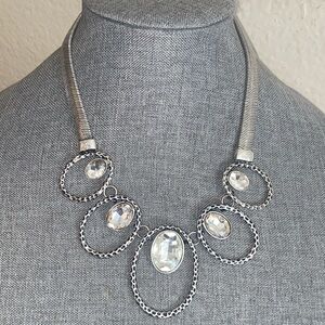 Vintage JULES 5 Rhinestones BIB Silver Tone Statement Necklace